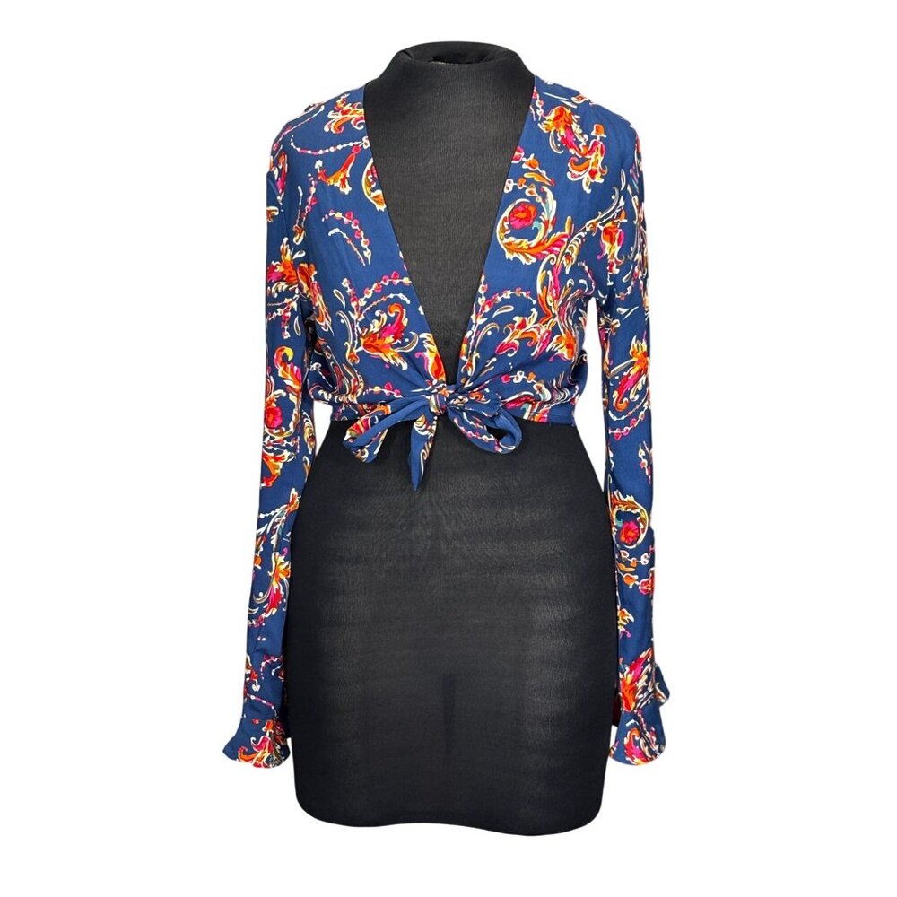 Nasty Gal Multicolor Paisley Print Tie-Front Long Sleeve Blouse Size M